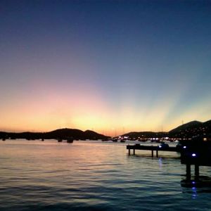 Sunset looking into the Charlotte Amalie harbor from Yacht Haven Grande dock