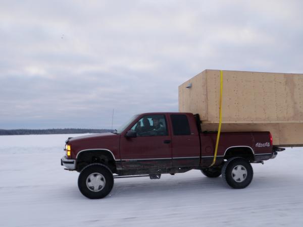 K1500 6 inch Lift Rough Country, 3 inch body lift and 12 foot ice shack in 6.5 foot box