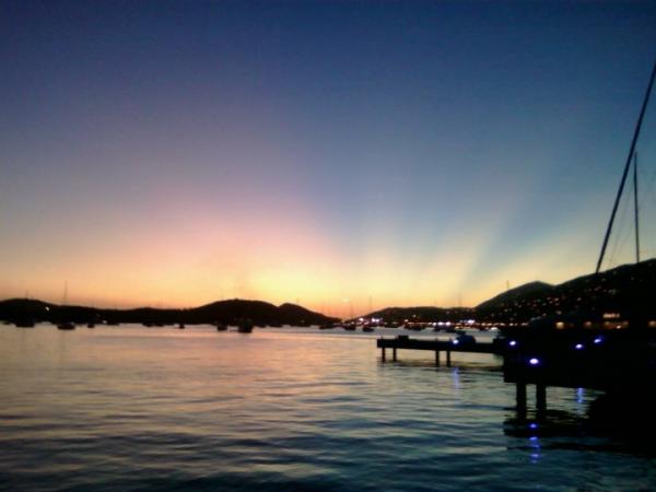 Sunset looking into the Charlotte Amalie harbor from Yacht Haven Grande dock
