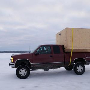 K1500 6 inch Lift Rough Country, 3 inch body lift and 12 foot ice shack in 6.5 foot box