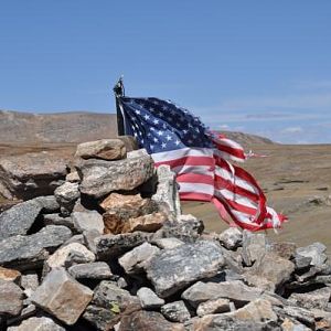 Kingston Peak Trail 9.16.12 Flag on top of the "rock house" on top of the peak. (you bring your own rock and stack it on the house for luck?)