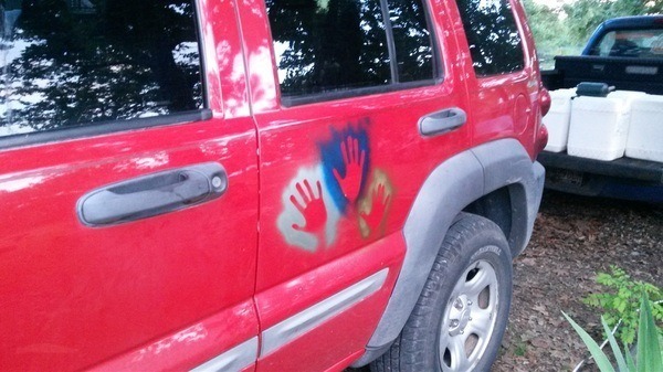 A bit of artwork on the door panel - Aboriginal style handprints of my niece & nephews