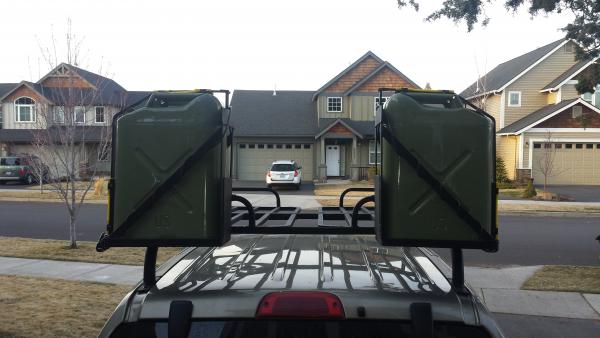 Home built Jerry can mounts on rack and new home built (Phase 1) roof rails.