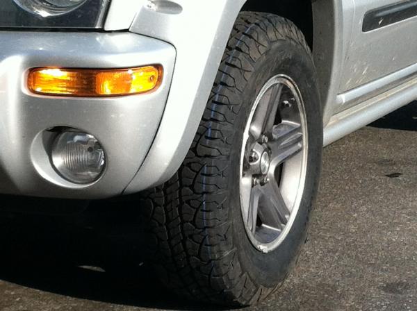 They are BF Goodrich Rugged Terrain's. Just stock size 235/75r16